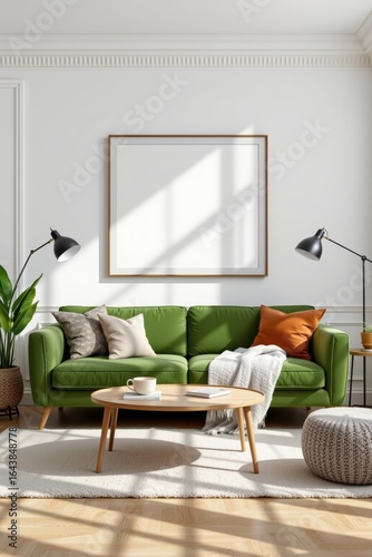 contemporary living room, blank picture frame over green velvet couch, white walls, sunlight shadows, modern lamps