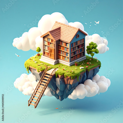 A whimsical house built of books sits atop a floating island, accessible by a wooden staircase, surrounded by clouds.