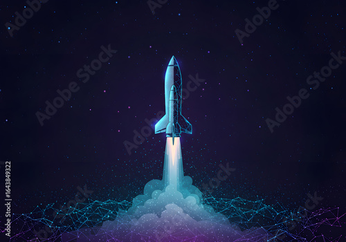 Isolated spaceship rocket launch into starry sky concept