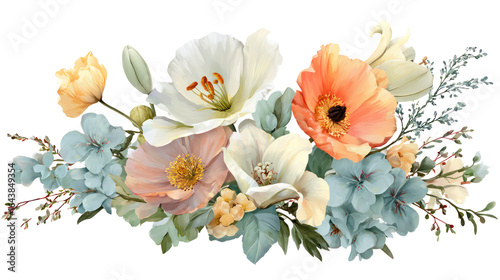 Mixed floral corner cluster with pastel poppies and lilies transparent background