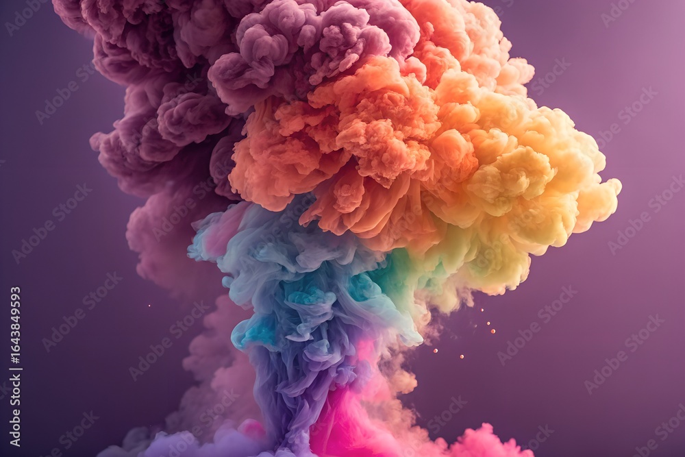 Obraz premium Abstract Rainbow Colored Smoke Plume Rising on Purple Background for Creative Projects