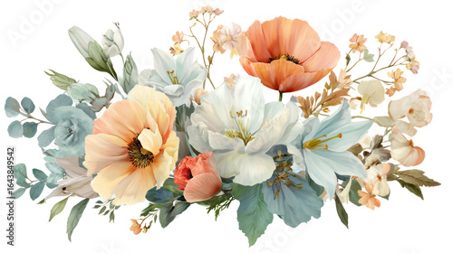 Mixed floral corner cluster with pastel poppies and lilies transparent background
