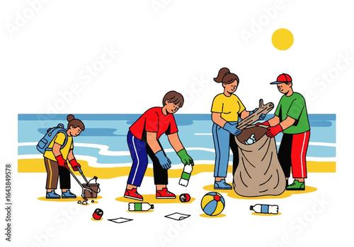 Environmentally conscious individuals cleaning a shoreline to protect marine life. Ideal for environmental awareness campaigns or ecofriendly promotional materials.