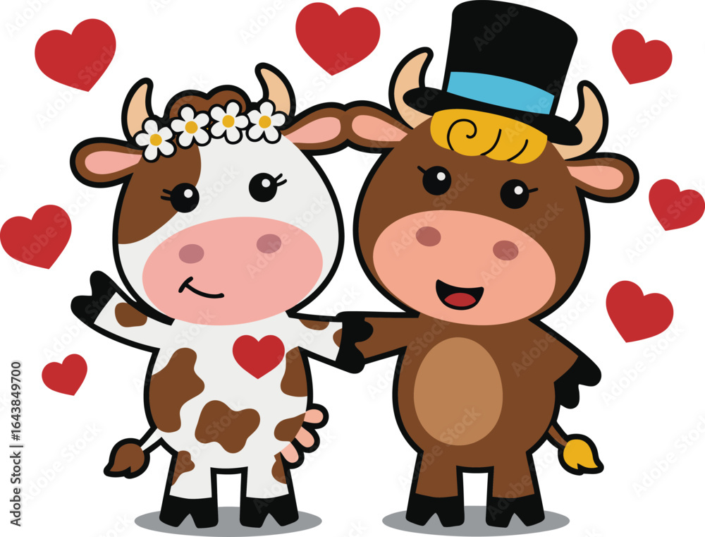 Obraz premium Adorable Cow Couple in Love Cartoon Illustration