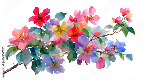 Fototapeta Naklejka Na Ścianę i Meble -  Mixed garden flowering bush with colorful watercolor blossoms transparent background