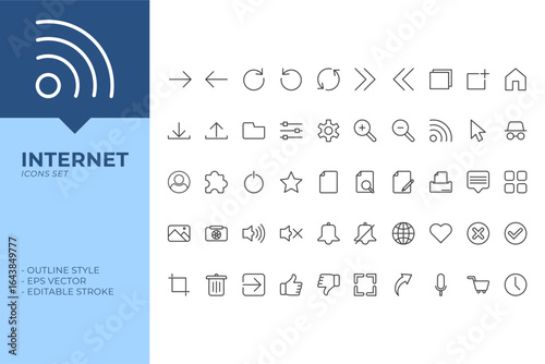 Internet website icons set. Related to internet, web, SEO, and global network. Ideal for UI, apps, website, and digital marketing purposes. Black outline style isolated on white. Vector eps.