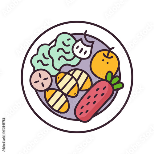 Healthy meal plate illustration with assorted fruits and vegetables