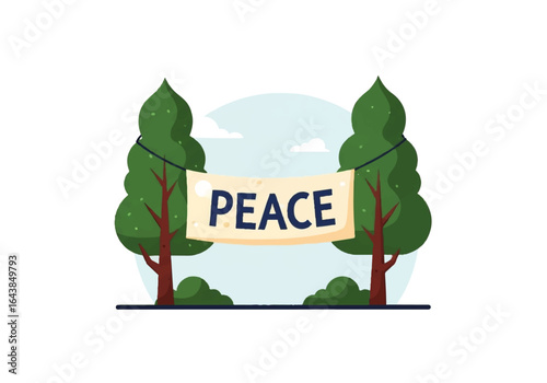 Banner featuring the word peace hung between two trees. Perfect for promoting harmony, unity, nature, mindfulness, meditation, and relaxation.