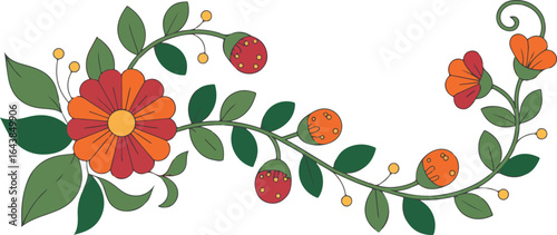 Floral botanical border featuring a vibrant arrangement of leaves flowers and buds with simple style