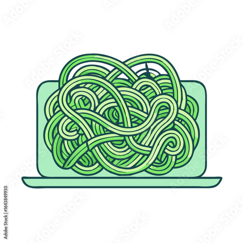 Tangled green noodles overflowing from a laptop screen