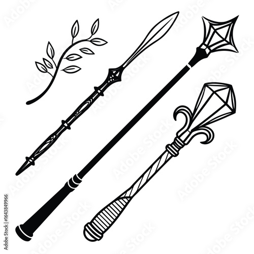 Ornate weapons and foliage mace spear