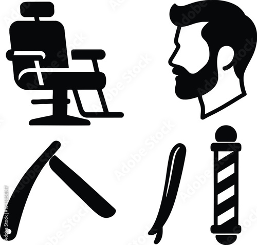 Black and White Barber Icon Set Featuring Chair, Bearded Profile, Straight Razor, and Classic Barber Pole — Minimalist Grooming Symbols for Haircut and Styling Themes