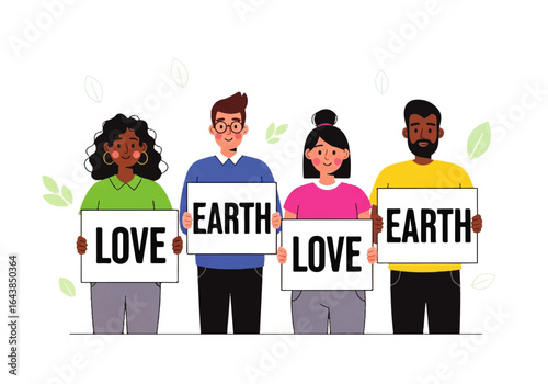 Four people of different races hold signs saying love earth, showcasing diversity. Suitable for environmental activism, unity, and diversity concepts.