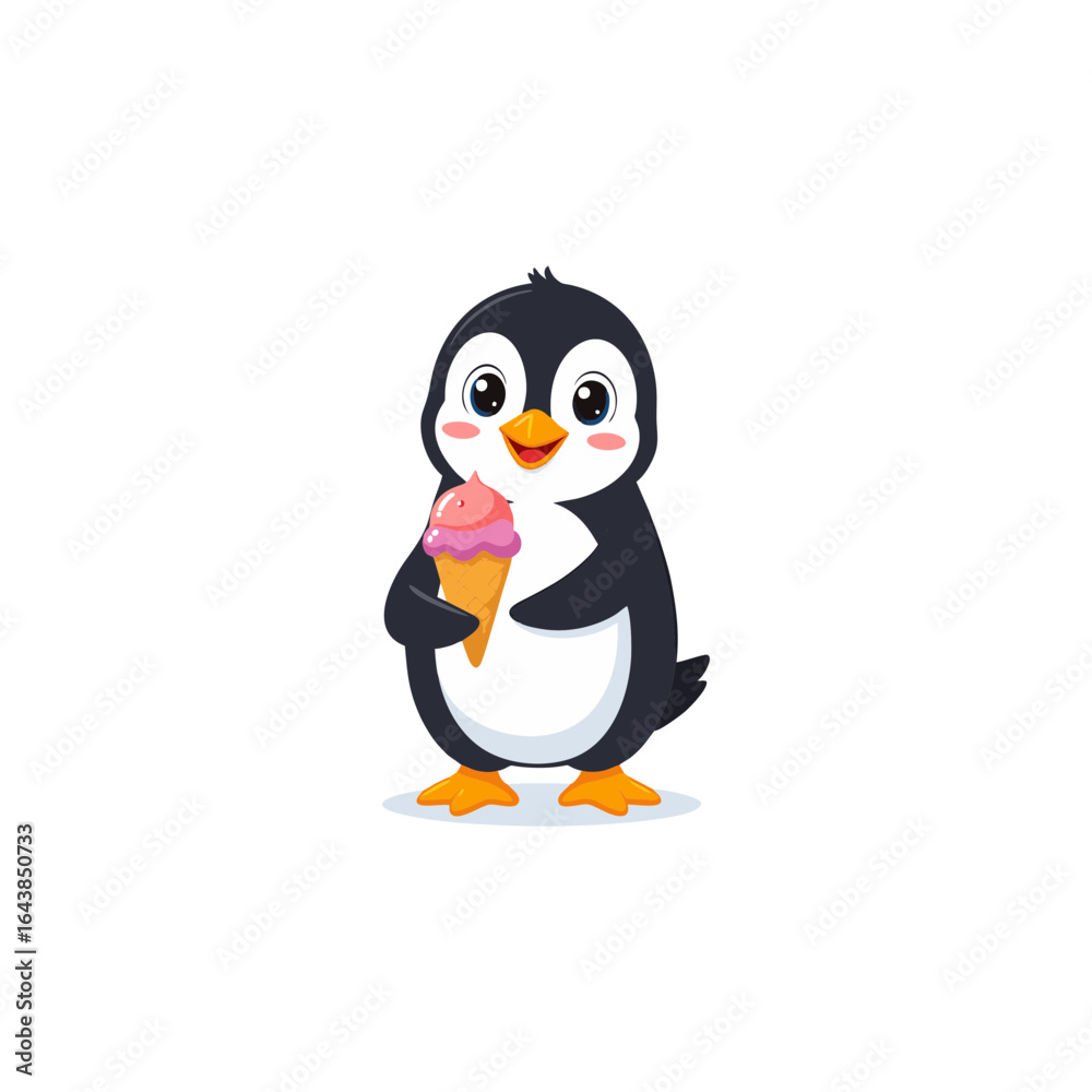 Fototapeta premium Adorable cartoon penguin enjoying a sweet strawberry ice cream cone on a sunny day.
