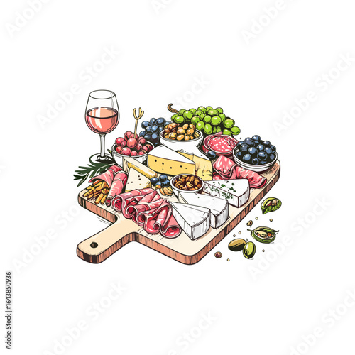 Exquisite charcuterie board brimming with artisanal cheeses, cured meats, grapes, and olives paired with rosé wine.