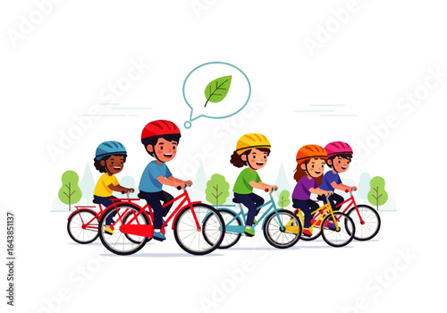 Five children in helmets riding bicycles among green foliage, perfect for outdoor adventure or safetythemed designs. Cycling safety concept.