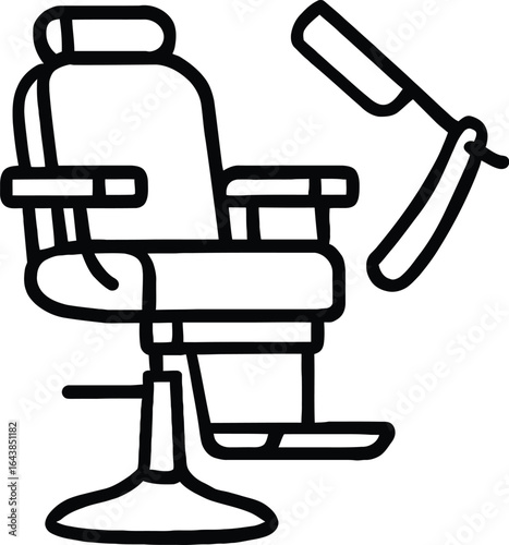 Minimalist Line Art of Traditional Barber Chair and Straight Razor with Extended Blade — Monochrome Vector Illustration
