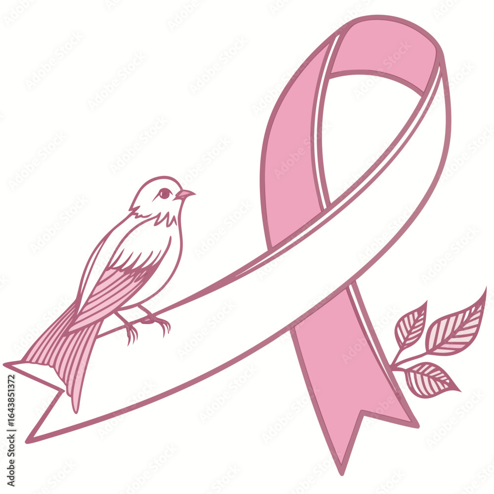 Obraz premium A delicate pink ribbon with a small bird perched on it and a sprig of leaves symbolizing hope and awareness