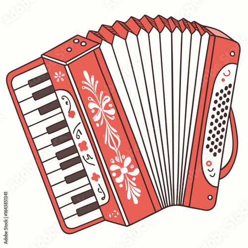 A charming coral red accordion with intricate white floral embellishments and a keyboard on a white background