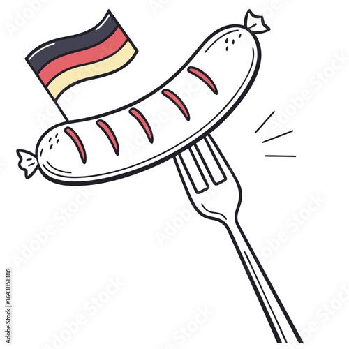 A delicious german sausage impaled on a fork with the german flag waving proudly above