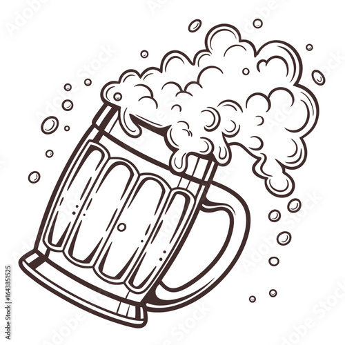 A frothy mug of beer with overflowing foam and bubbles in a hand drawn outline style