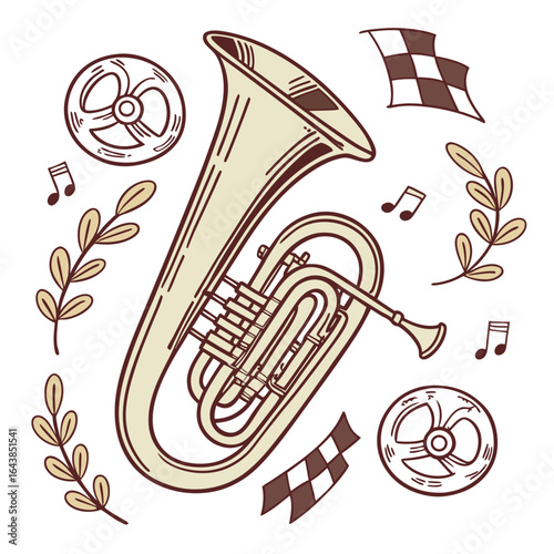 A hand drawn illustration of a tuba surrounded by musical notes laurel branches and checkered flags
