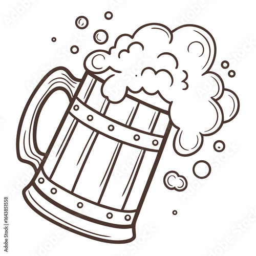 A hand drawn outline of a wooden beer mug overflowing with foamy beer and bubbles