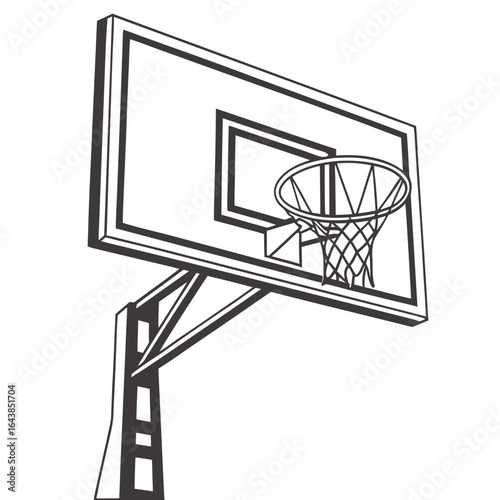 A simple black and white illustration of a basketball hoop and backboard on a white background