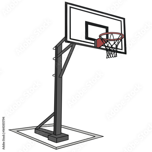 A simple illustration of a portable basketball hoop with a white backboard and red rim against a white background