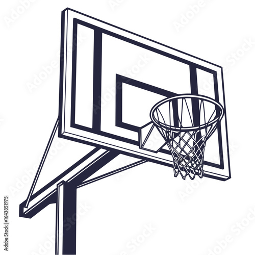 A stylized graphic illustration of a basketball hoop and backboard with a net