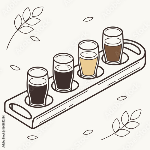 A tasting flight of four different craft beers served in a wooden carrier with barley sprigs