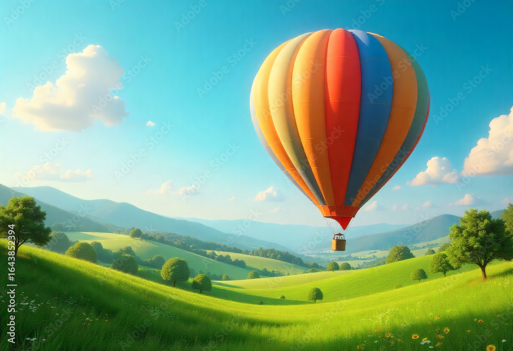 Obraz premium Colorful Hot Air Balloon Flying Over A Lush Green Landscape