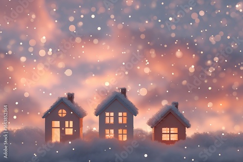 Wallpaper Mural Cozy winter evening with illuminated houses in a snowy landscape at twilight Torontodigital.ca
