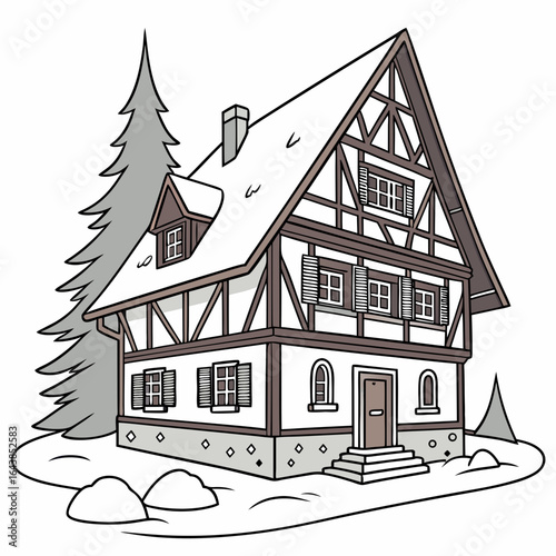 Charming traditional timber frame house covered in snow with a tall evergreen tree nearby