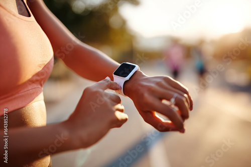 Fototapeta Naklejka Na Ścianę i Meble -  Fitness enthusiast checking her smartwatch during a morning run in a park