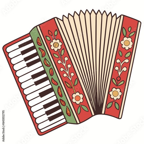 Colorful folk style accordion with floral and leaf decorations on a white background