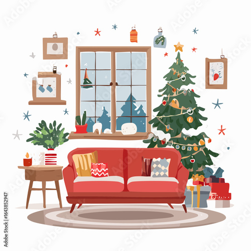 Cozy Christmas Living Room with Decorated Tree and Sofa
