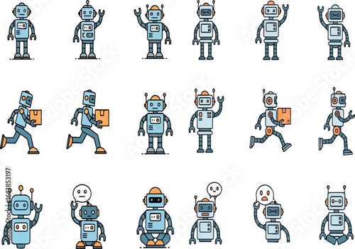 Set of cartoon robot character icons with various poses and emotions for technology and AI concepts.