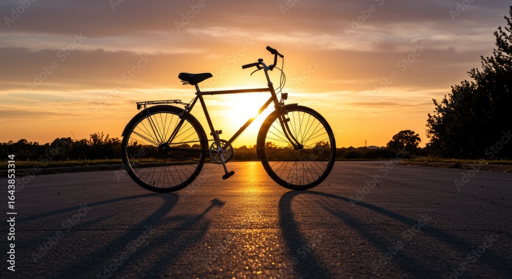 Fototapeta premium Peaceful Golden Hour Silhouette of a Bicycle on an Empty Road with Sunburst and Bokeh