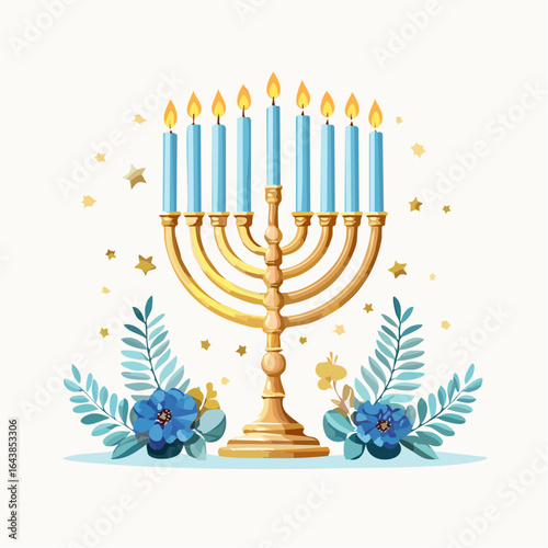Golden Menorah with Lit Candles Flowers and Festive Star Decorations
