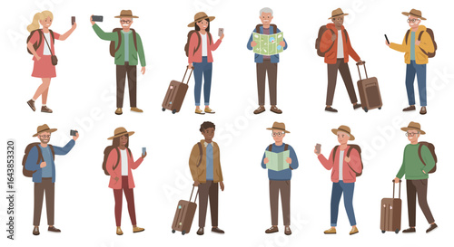 Diverse group of tourists with luggage maps and phones on a white background