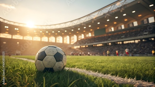 Soccer Ball on Green Field in Sunlit Stadium with Players in Background