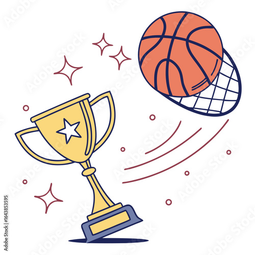 Golden basketball trophy with a ball going into a net symbolizing victory and achievement