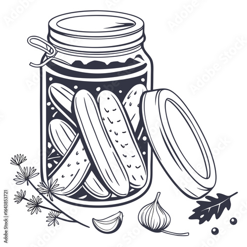 Hand drawn illustration of a glass jar filled with pickles garlic dill and peppercorns