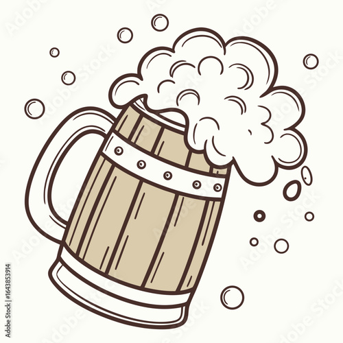 Illustration of a frothy wooden beer mug with bubbles floating around on a light background