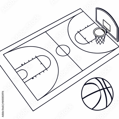 Isometric outline drawing of a basketball court with a basketball and hoop