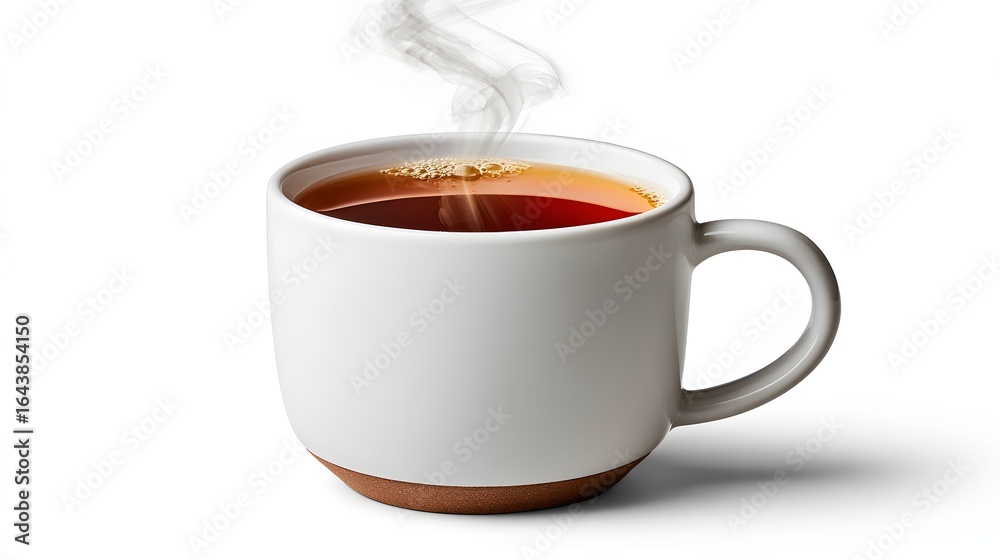 Obraz premium Steaming Cup of Hot Coffee on a White Background with Cozy and Inviting Atmosphere