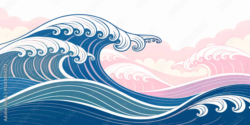 Elegant wave illustration with flowing lines and pastel tones, combining Japanese ukiyo-e style with a contemporary color palette.
Elegant wave illustration with flowing lines and pastel tones, combining Japanese ukiyo-e style with a contemporary color palette.