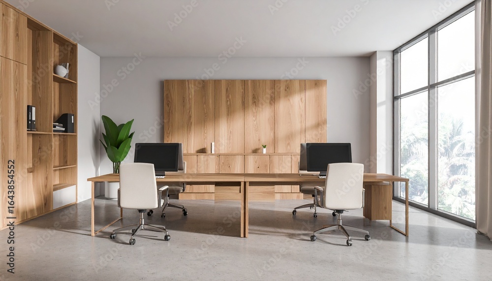 Fototapeta premium Light-filled modern office with light wood paneling
