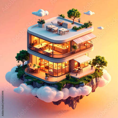 A modern, floating building with multiple levels, featuring dining areas and greenery.